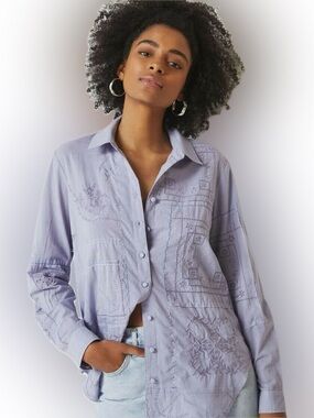 Anthropologie Button Up Embroidered Cottagecore Granny Chic Lavender Sky Top XS